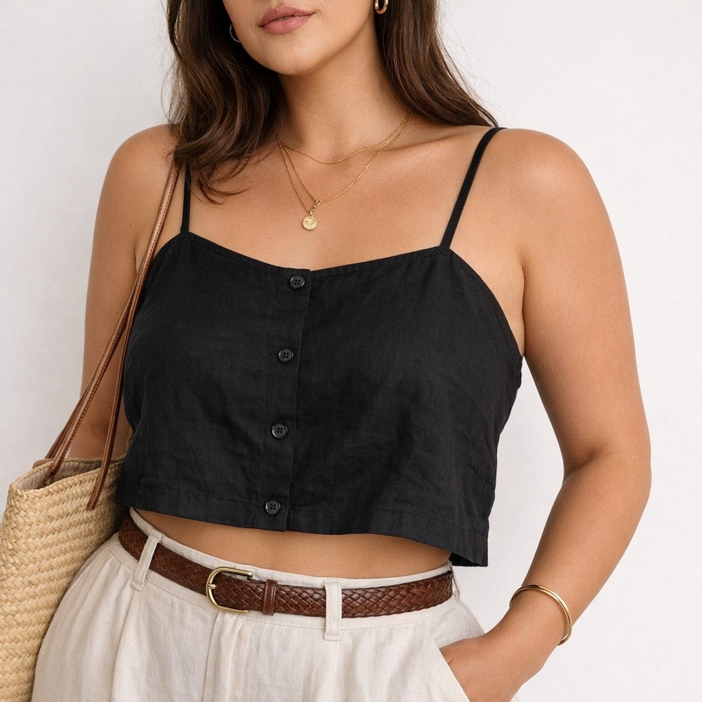 Outerknown Eclipse Tank Linen Black Crop Top Womens Lrg NWT Boho Minimalist Chic